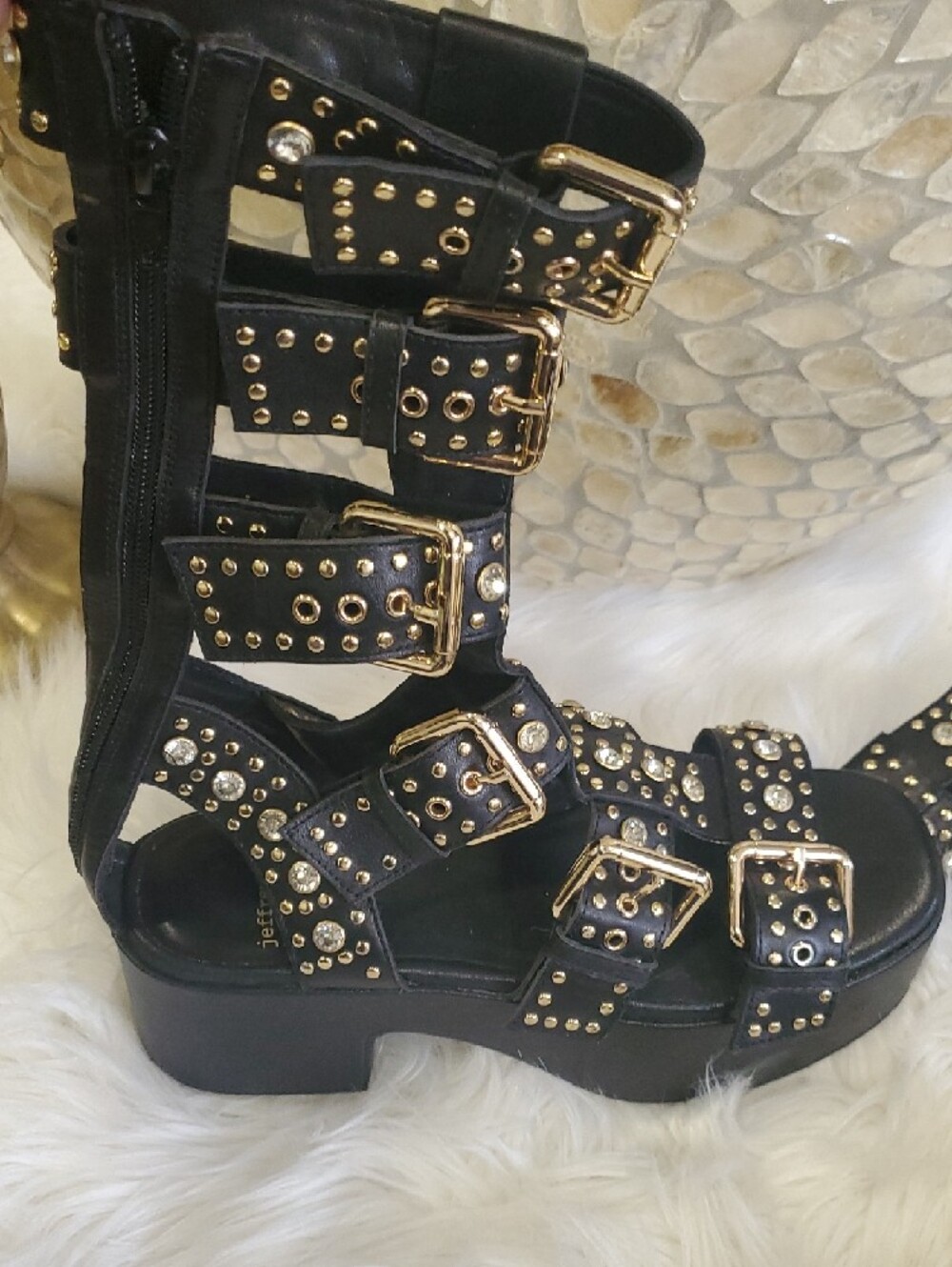 Jeffrey Campbell Nwot Black Platform Gladiator Sandals with Gold Buckles - Picture 12 of 17